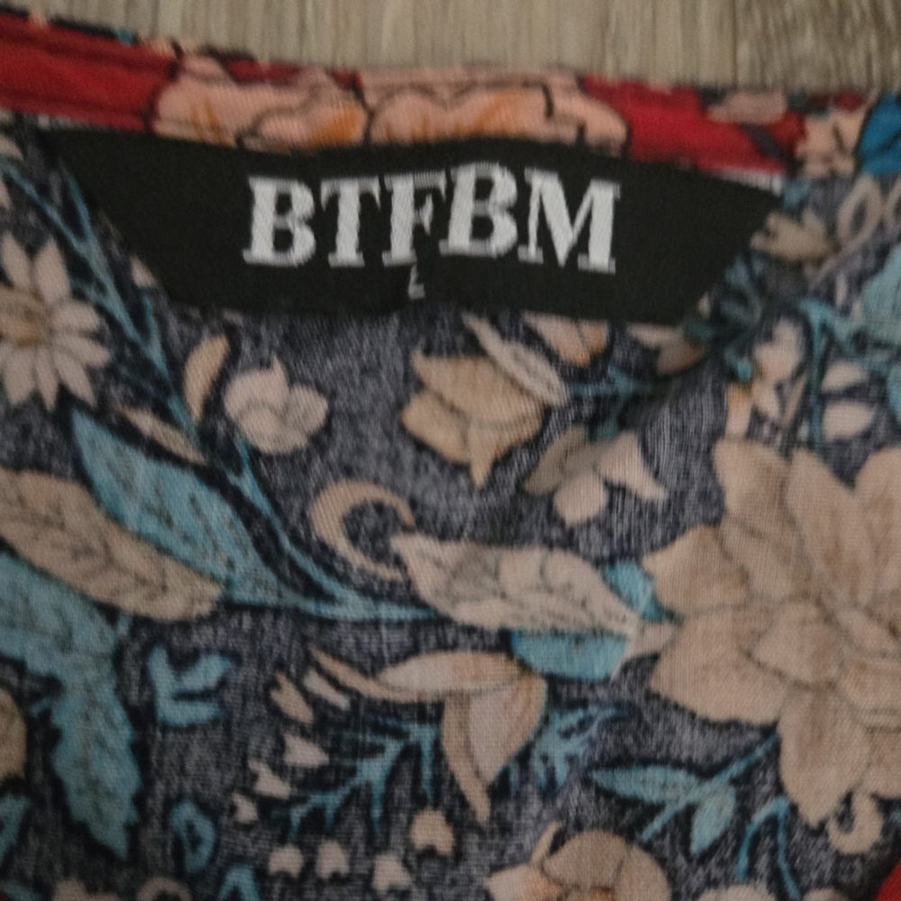 BTFBM Floral Boho Babydoll 3/4 Balloon Sleeve Women's Large Midi Dress - Picture 2 of 5